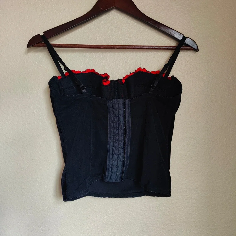 Black Velvet Bustier Corset Top Red‎ Rose Floral Embroidery Vamp Goth Romantic